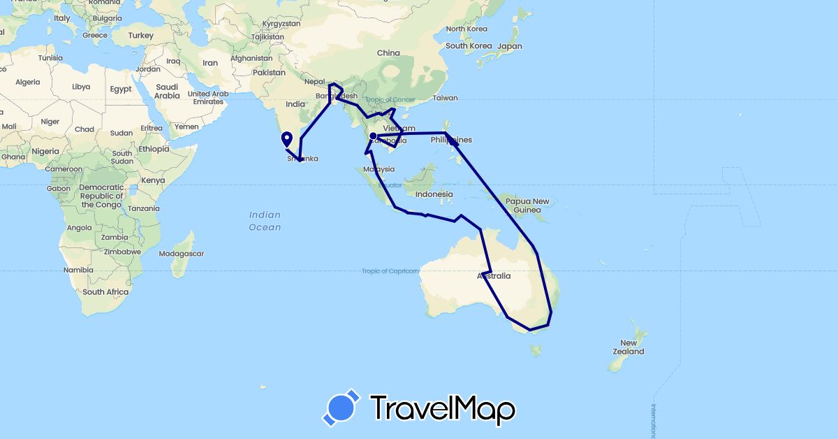 TravelMap itinerary: driving in Australia, Bangladesh, Bhutan, Indonesia, India, Cambodia, Laos, Sri Lanka, Myanmar (Burma), Malaysia, Philippines, Thailand, East Timor, Vietnam (Asia, Oceania)